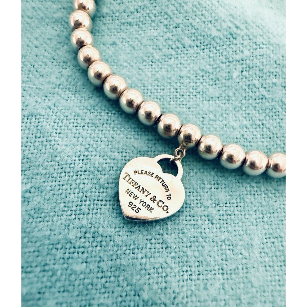Tiffany Co. Silver 925 Mini Heart Tag Charm 4mm Bead Ball Bracelet